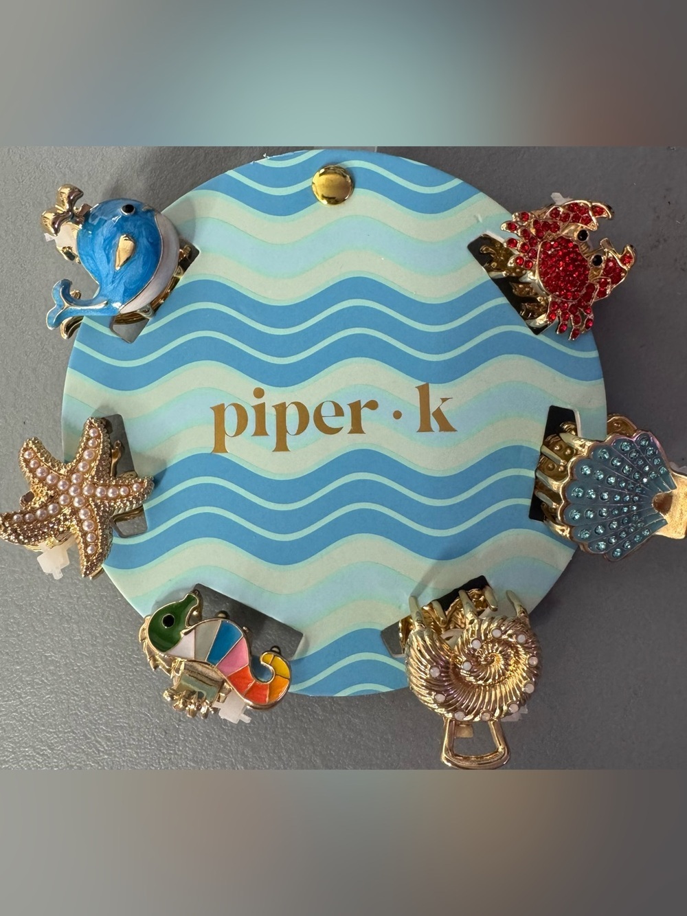 Piper-k Green and Light Blue Fish-Themed Clip Holder with crystals beach summer